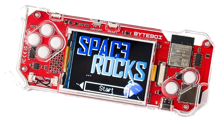 ByteBoi 2.0, a buildable handheld retro games console with a red board and clear case.