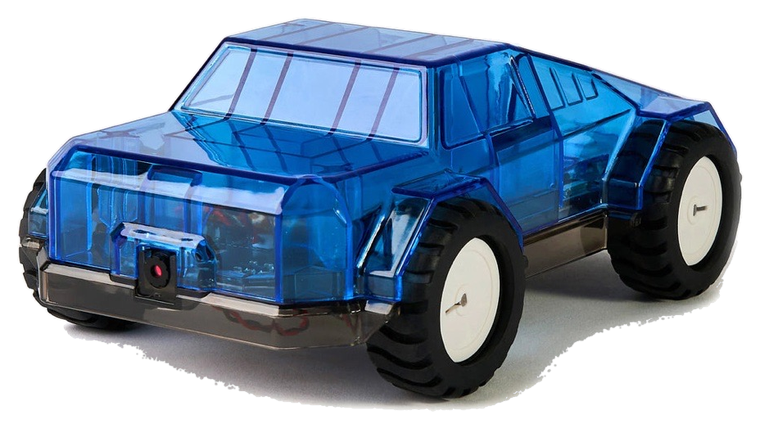 Wheelson 2.0, a buildable self-driving robot car with a translucent blue body.